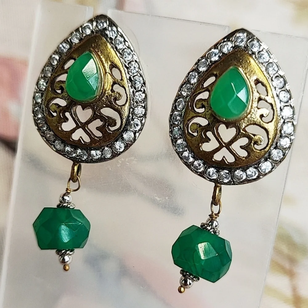 Turkish Pierced Gold Tone Pierced Earrings Emerald Sapphire Burgundy Clear Color